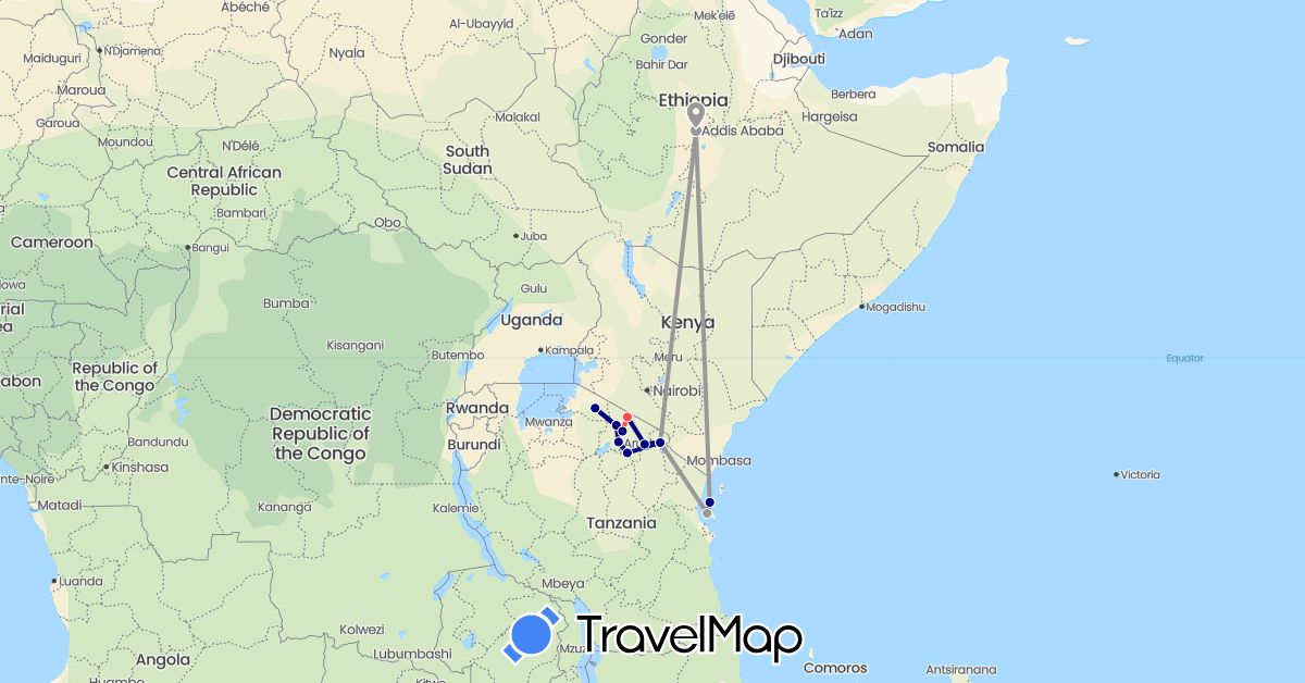 TravelMap itinerary: driving, plane, hiking in Ethiopia, Tanzania (Africa)